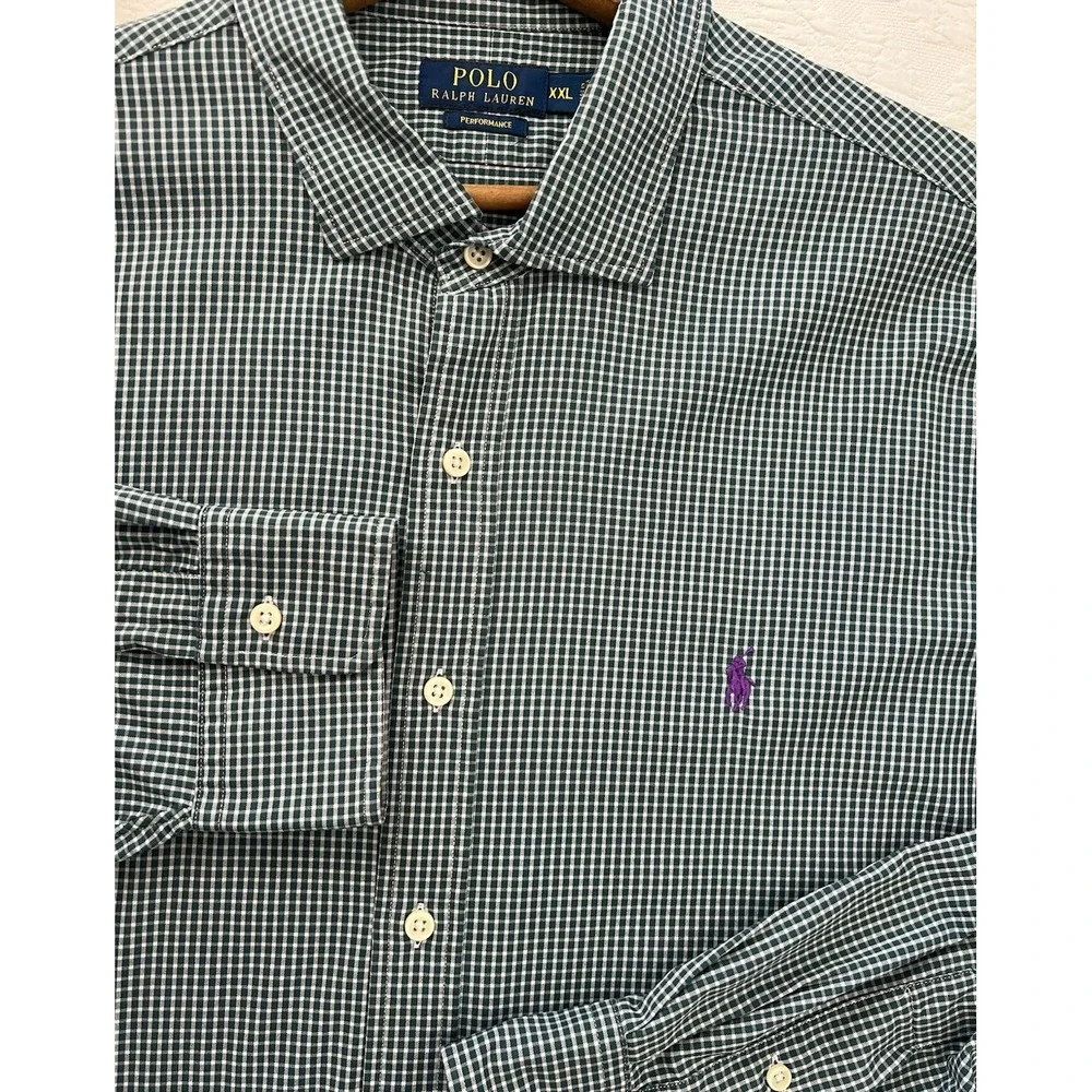 Polo Ralph Lauren Performance Shirt Mens XXL Green White Check Purple Pony
